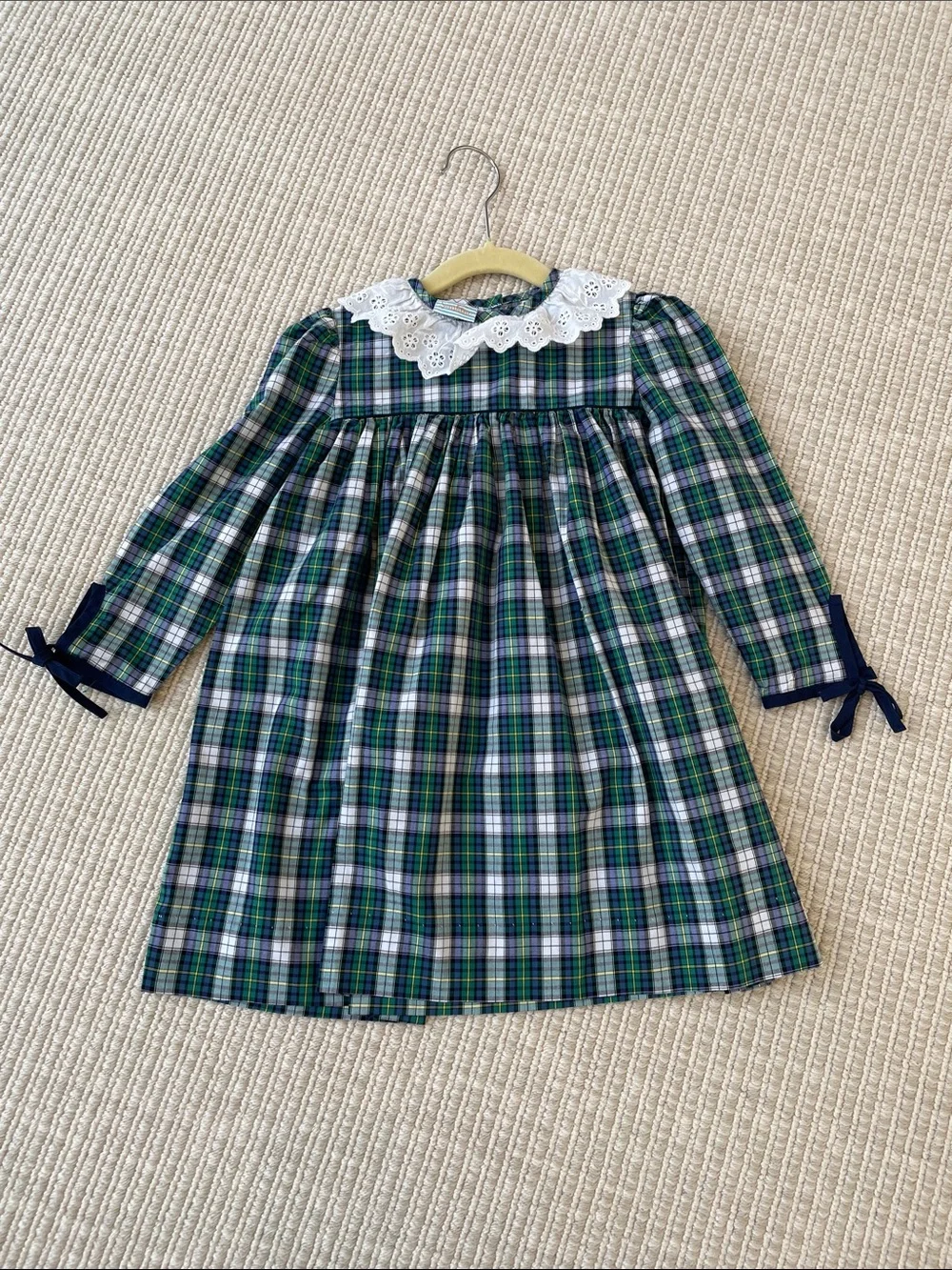 Girls Green Plaid Nightgown with Lace Peter Pan Collar